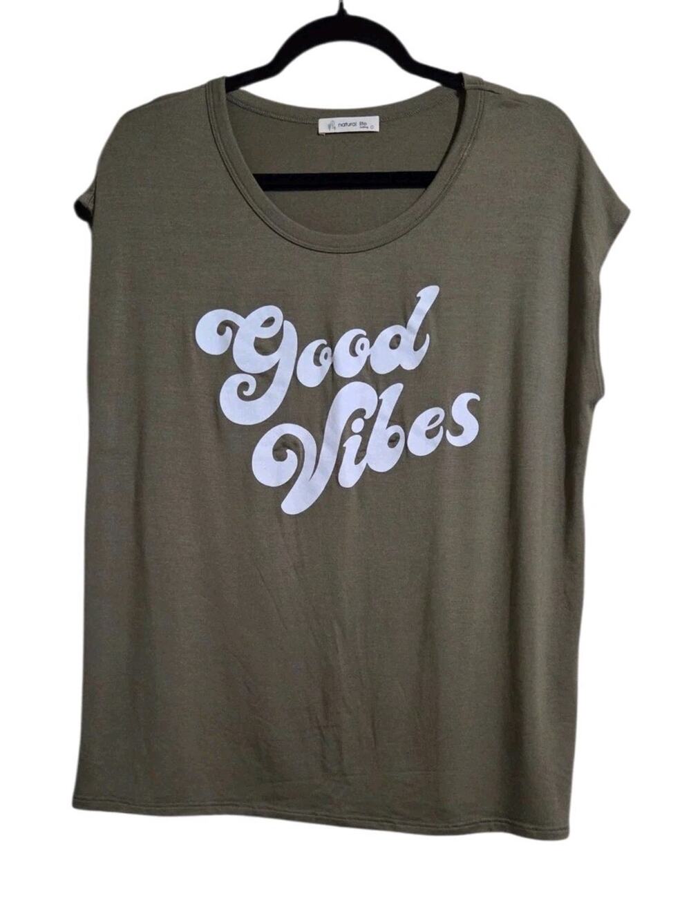 Natural Life Olive Green Good Vibes Graphic Print Top L Modal Spandex Super Soft